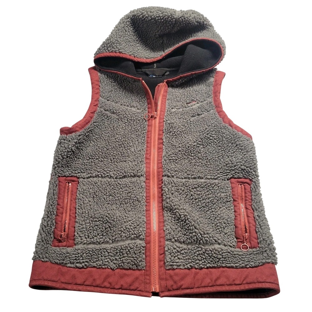 KAVU Sherpa Fleece Hooded Vest Gray Rust Red Full Zip Medium